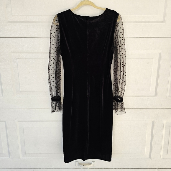 iHot XL Woman's Velvet Elegant Black Dress with Sheer Polka Dot Long Sleeves - Picture 4 of 15